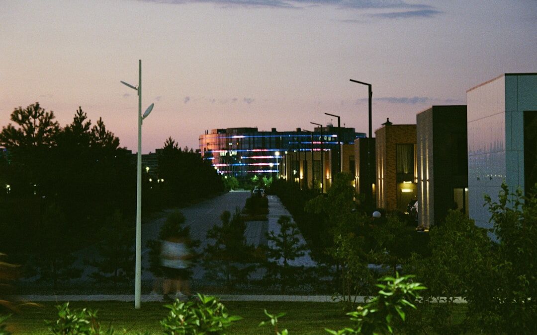 Modern office building exterior at dusk